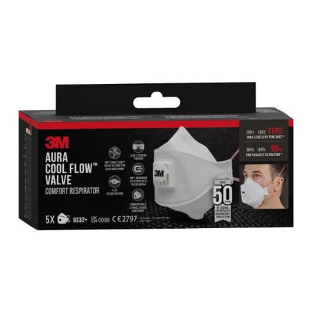 3M™ Aura™ Comfort Cool Flow™ Stofmasker 9332+, FFP3, met ventiel, 5/verpakking