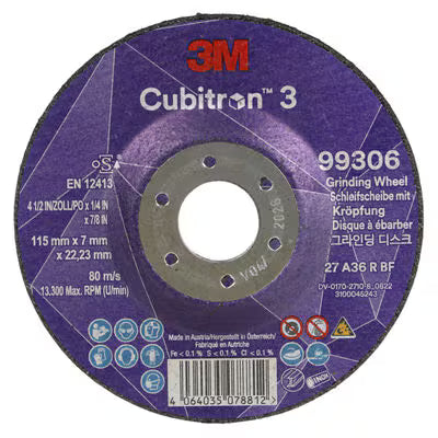 3M™ Cubitron™ 3 Afbraamschijf met verlaagd asgat, 99306, 36+, T27, 115 mm x 7 mm x 22,23 mm, EN, 10/verpakking, 20 stuks/doos