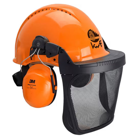 3M™ Helmcombinatie voor de bosbouw, G3000 oranje helm, H31-gehoorkappen, gaas gelaatsscherm V5B, KWF-logo, G3000MOR31V5B-FPA