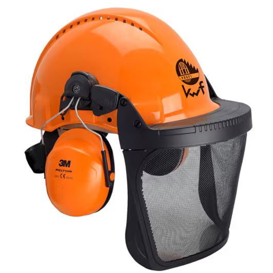 3M™ Helmcombinatie voor de bosbouw, G3000 oranje helm, H31-gehoorkappen, gaas gelaatsscherm V5B, KWF-logo, G3000MOR31V5B-FPA